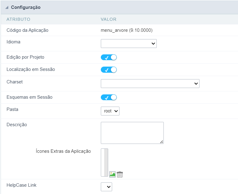 Interface de configuações do menu, dentro do menu aplicação.