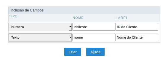 Definição dos tipos de campo