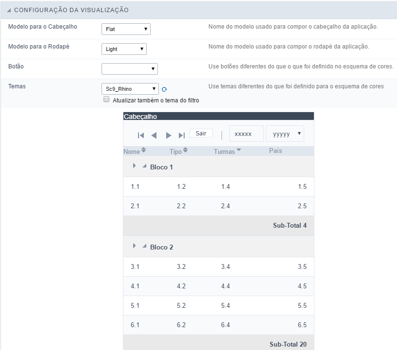 Configuração de visualização de temas da aplicação