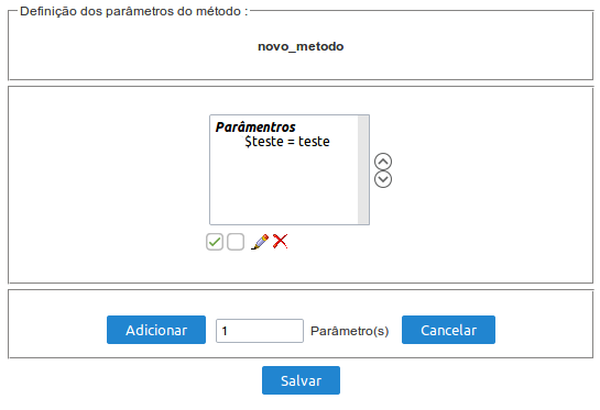 Interface de edição de parâmetros do método PHP