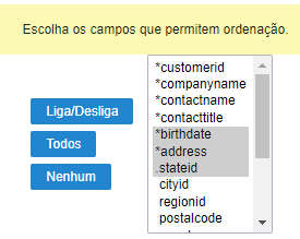 Selecione os campos disponíveis na ordenação