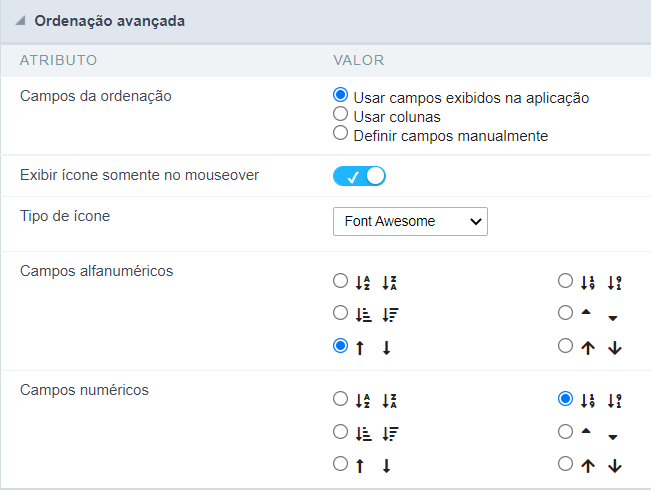 opções da ordenação avançada