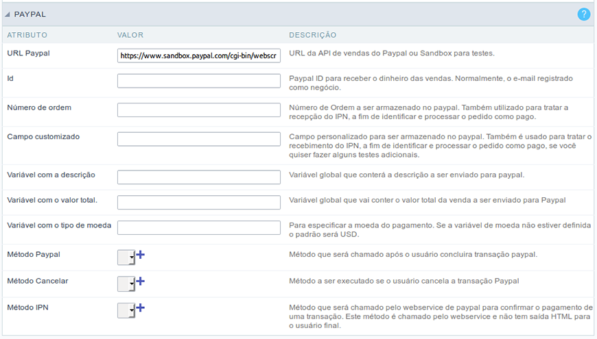 Interface autenticação de campos Paypal.