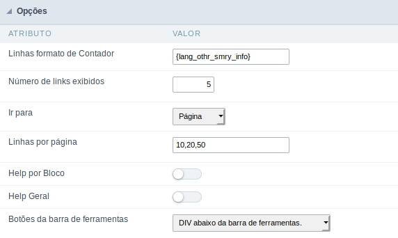 Opções do Controle