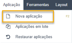 Menu Aplicação destacando a opção de Nova Aplicação