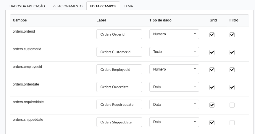 Listagem de campos no processo de criação da grid