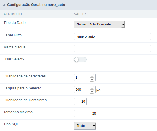 Interface de configuração do campo número auto complete.