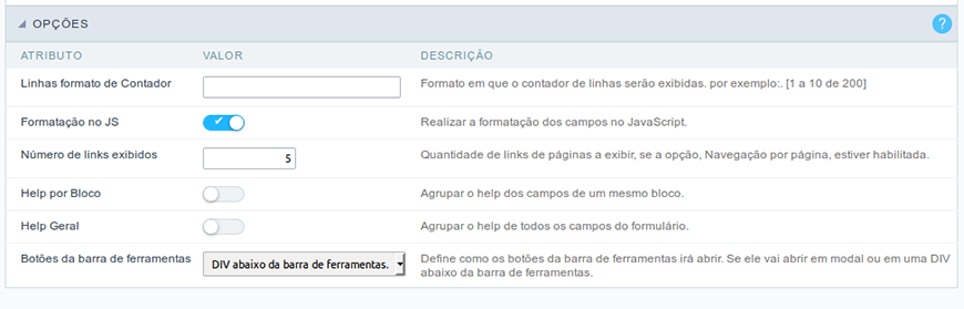 Opções do formulário