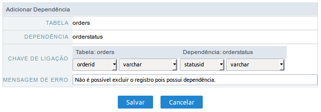 Configurando os campos de ligação da dependência.