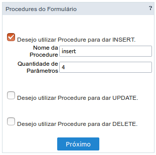 Definindo parâmetros da Procedure.