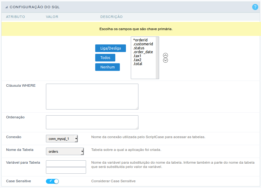 Interface de configuração do SQL.