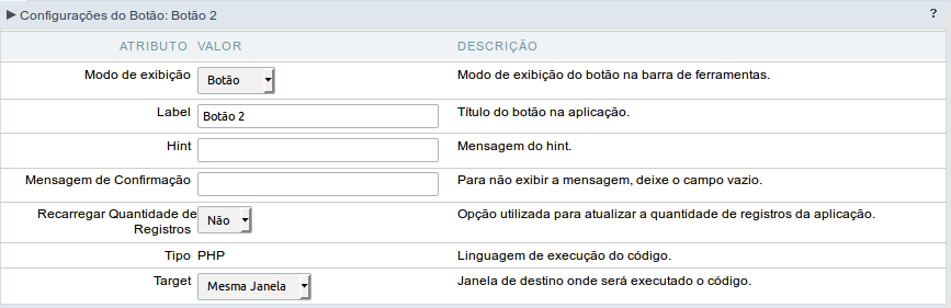 Configuração do modo de exibição do tipo Botão do botão PHP.