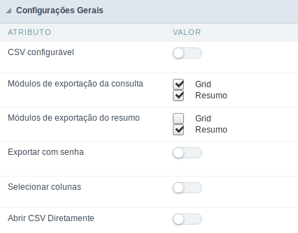 Configurações Gerais de Exportação do CSV