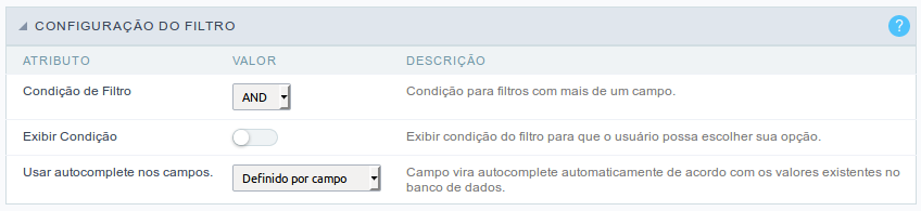 Interface de configuração do Filtro.