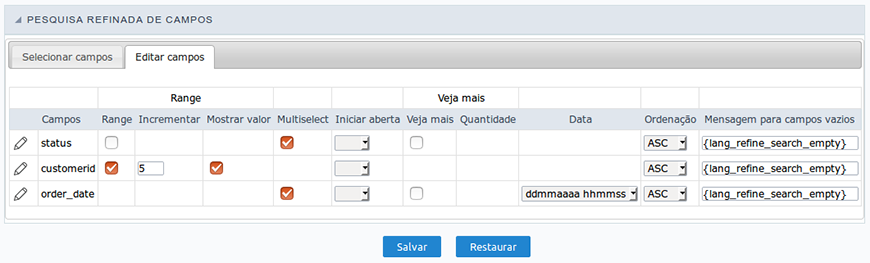 Editando campos do filtro refinado