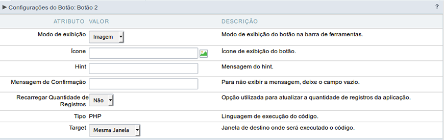 Configuração do modo de exibição do tipo Imagem do botão PHP.