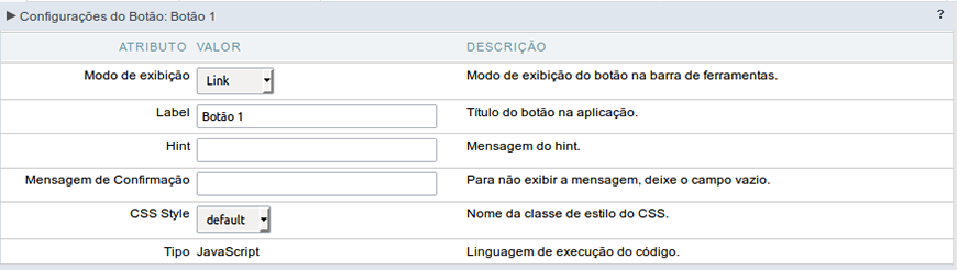 Configuração do modo de exibição do tipo Link do botão JavaScript.