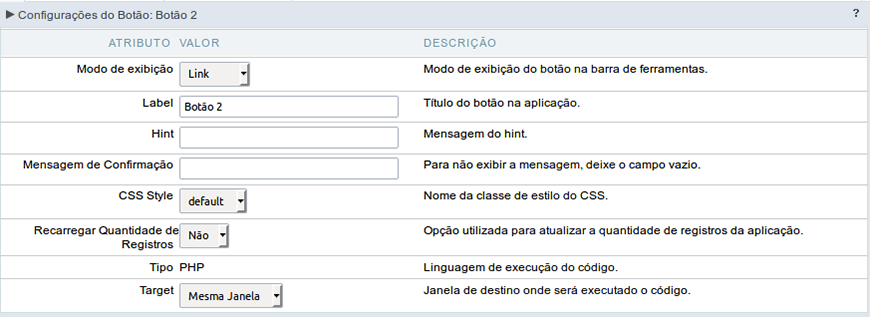 Configuração do modo de exibição do tipo Link do botão PHP.