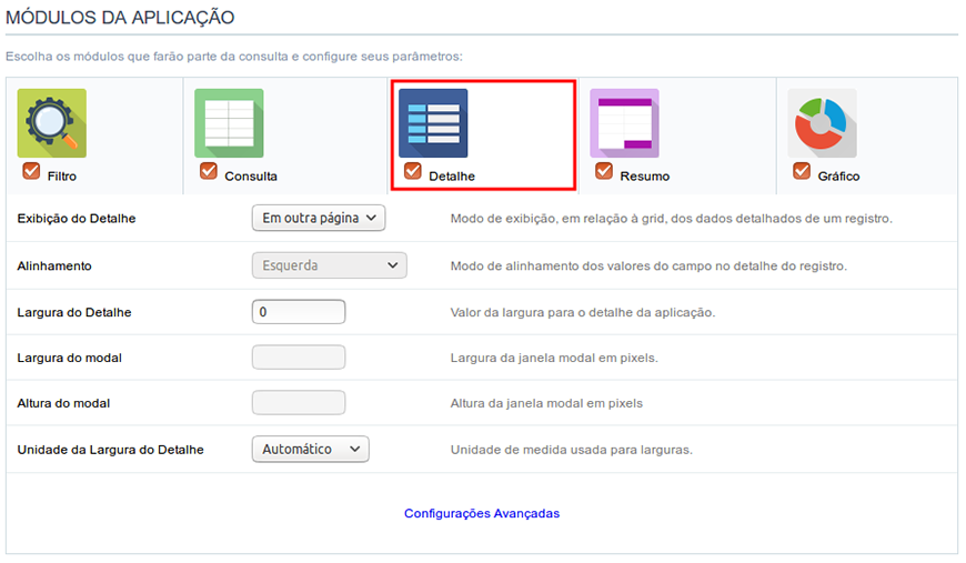 Configurações do Detalhe da Consulta