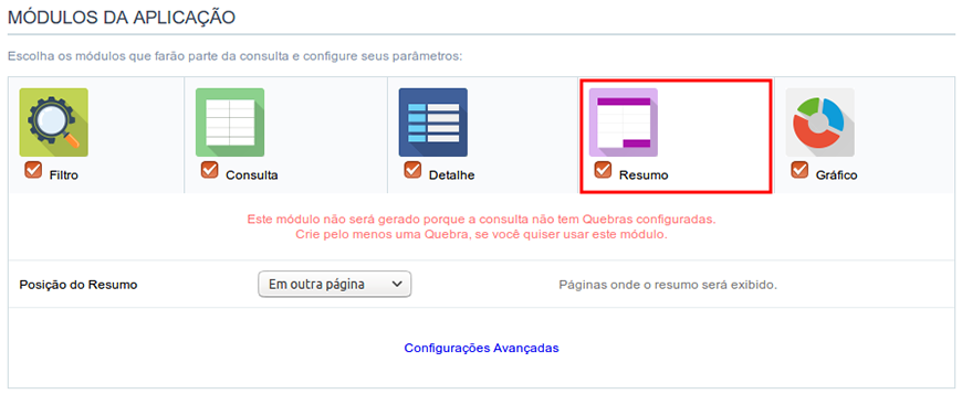 Configurações do Resumo da Consulta