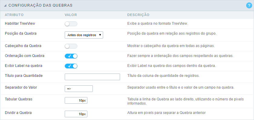 Interface de configuração das Quebras