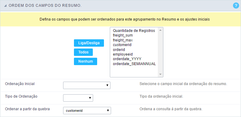 Interface Ordenação dos campos do Resumo.