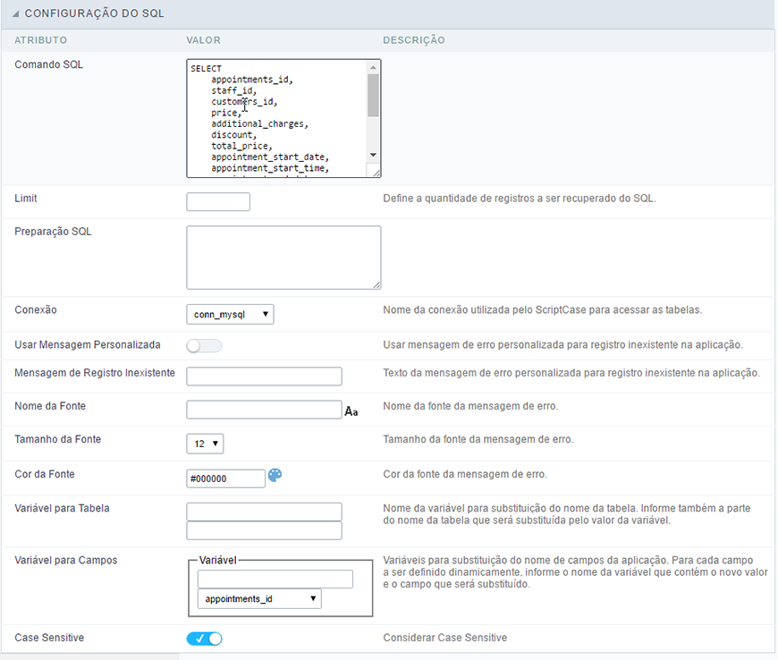 Configuração de SQL da consulta