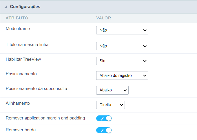 Atributos de Configuração da subconsulta