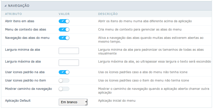 Interface Configuração de navegação do Menu.