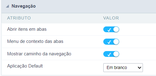 Interface Configuração de navegação do Menu.