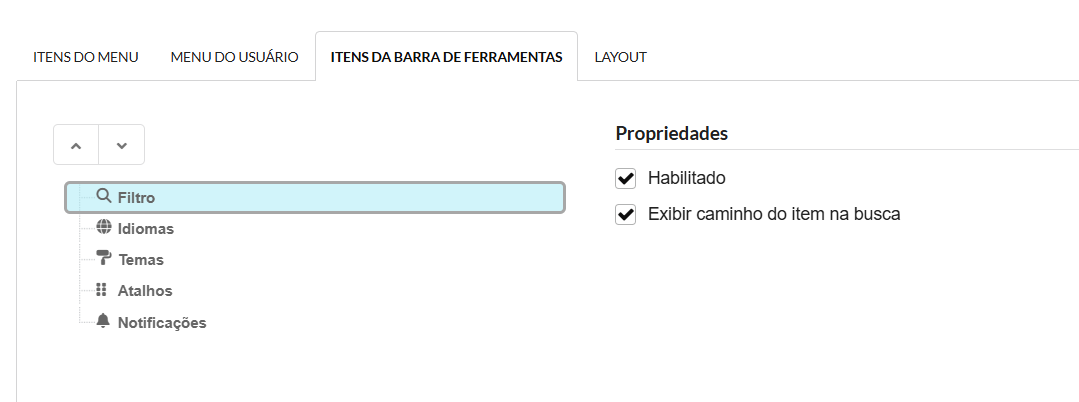 Interface Configuração da barra de ferramentas.