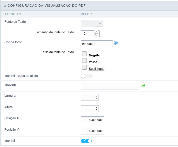 Interface de configuração da visualização do ReportPDF.