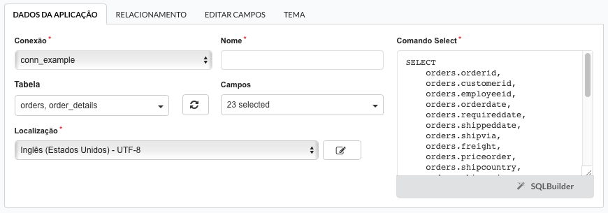 Campos obrigatórios para a criação das aplicações