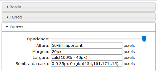 Outras configurações da Tabela