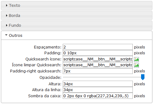 Outras Configurações dos objetos da linha da barra de ferramentas