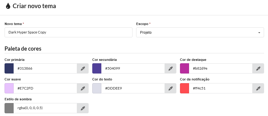 Tela de criar tema a partir de um tema base