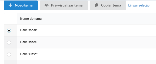 Imagem dos botões Novo tema, previsualizar e copiar tema