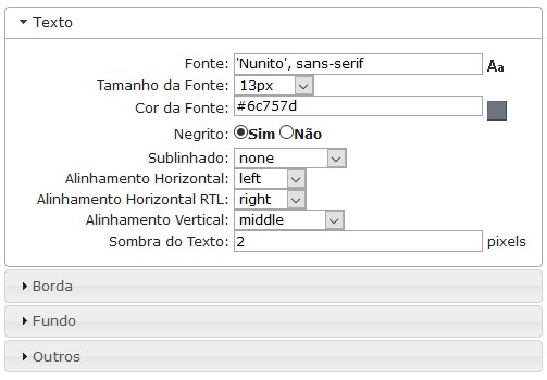 Configurações de Texto do bloco