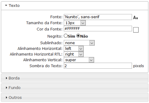 Configurações de Texto do cabeçalho