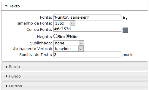 Configurações de Texto do cabeçalho