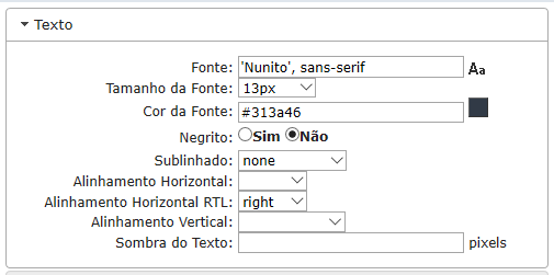 Configurações de Texto do Objeto