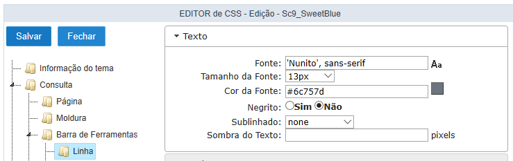 Configurações de Texto da linha da barra de ferramentas