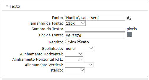 Configurações de Texto normal da Linha do Resumo