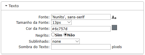 Configurações de Texto da Barra de Ferramentas do Filtro