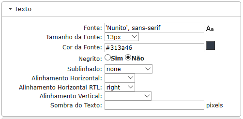 Configurações de Texto da Barra de Ferramentas do Filtro