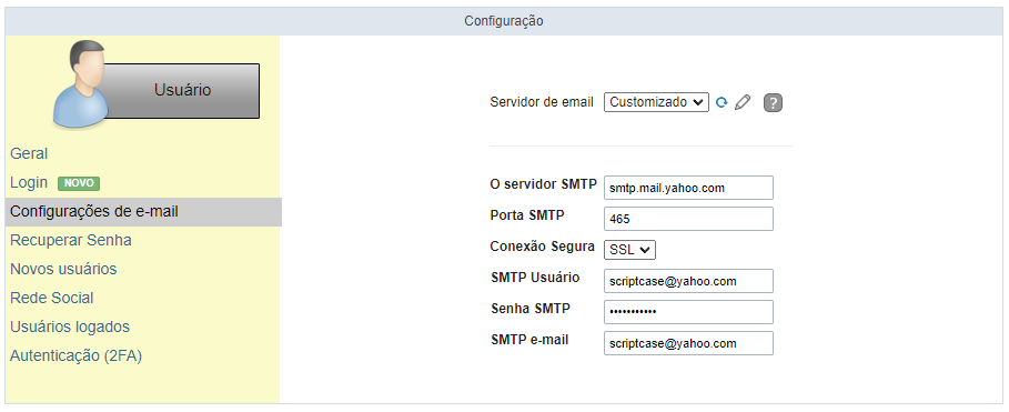 Configurações de Email