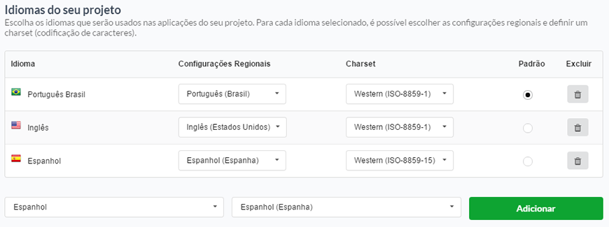 Seleção de idiomas na criação do projeto