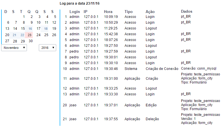 Tela de configuração de log