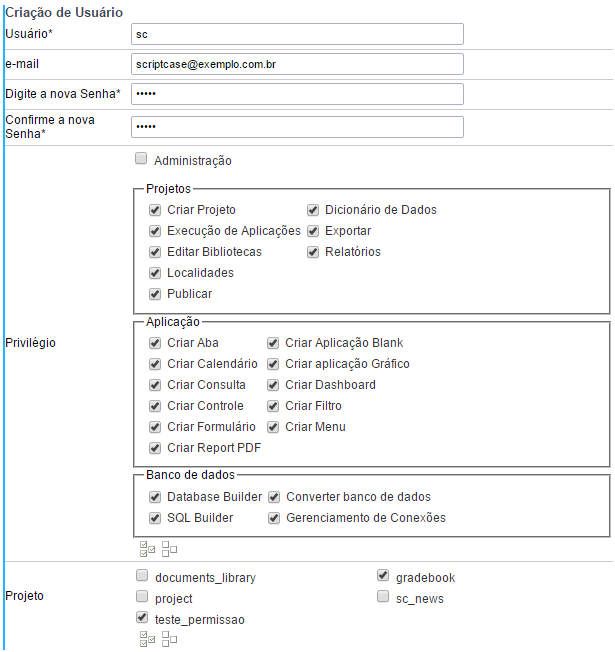 Tela de Inclusão de usuários do Scriptcase