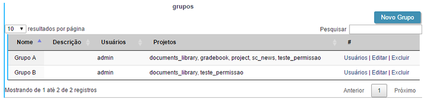 Tela de configuração de log